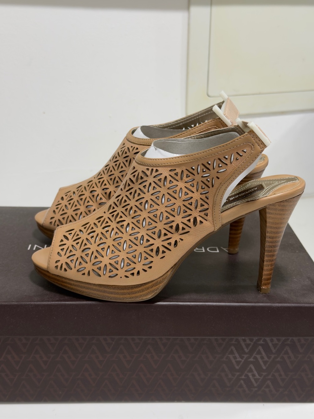 Adrienne Vittadini Tan Laser-Cut Peep-Toe Slingback Heels